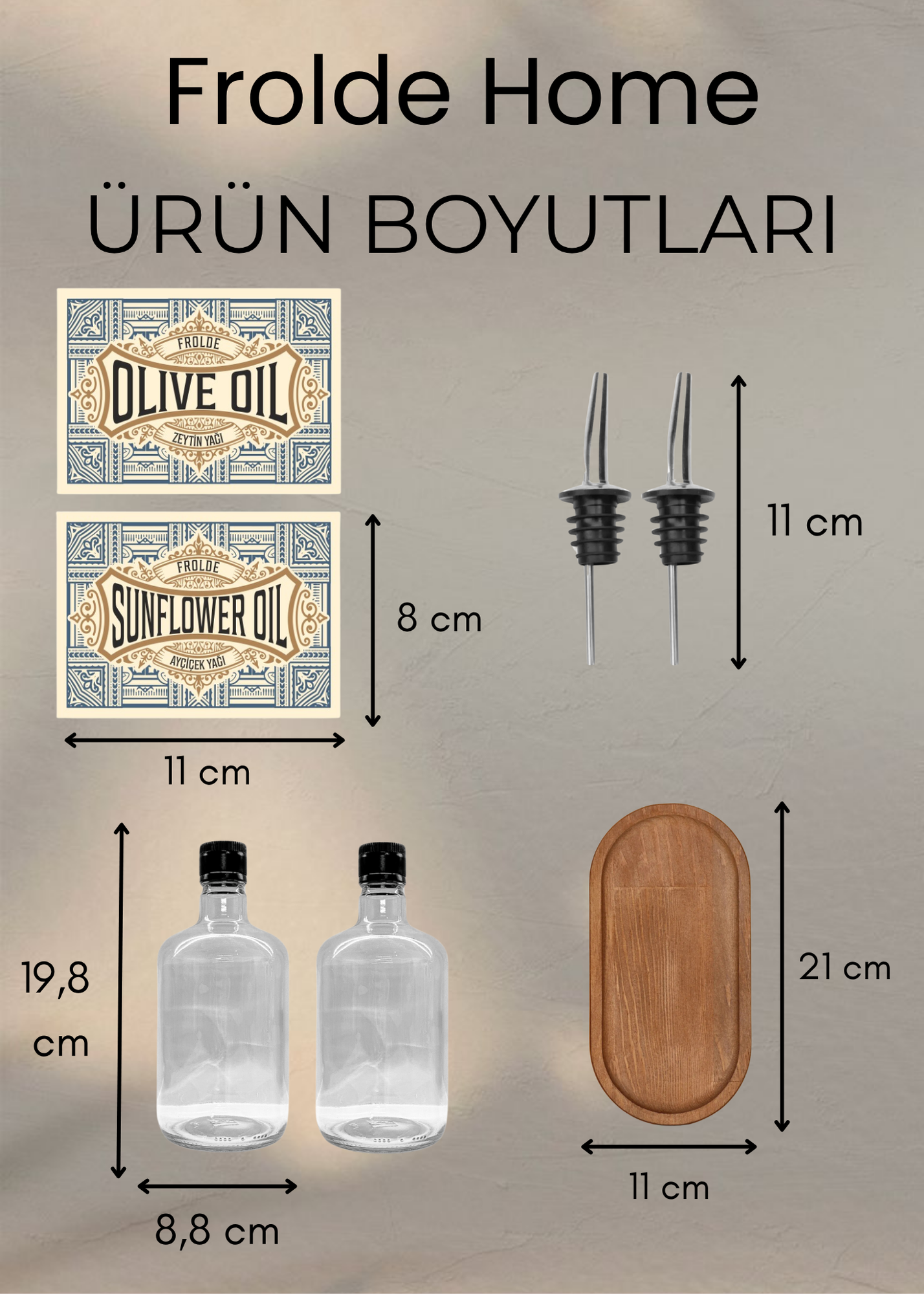 Ahşap Stantlı 2'li ÇelikTıpalı 750Ml Cam Ayçiçek Yağı Zeytinyağı Şişesi Yağdanlık Vintage Retro