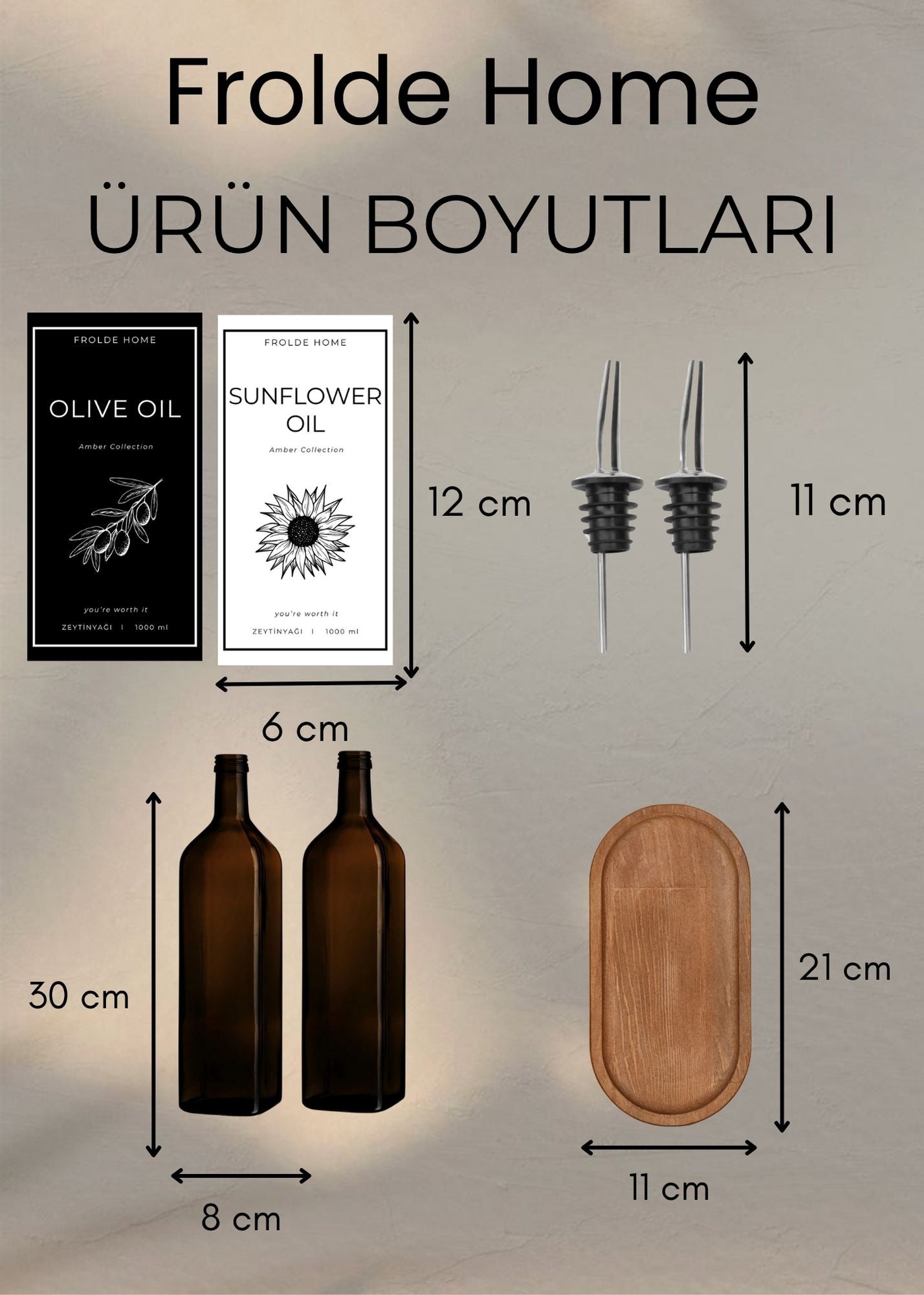 Ahşap Stantlı 2'li Vintage Amber 1000 Ml Cam Ayçiçek Yağı Zeytinyağı Şişesi Yağdanlık