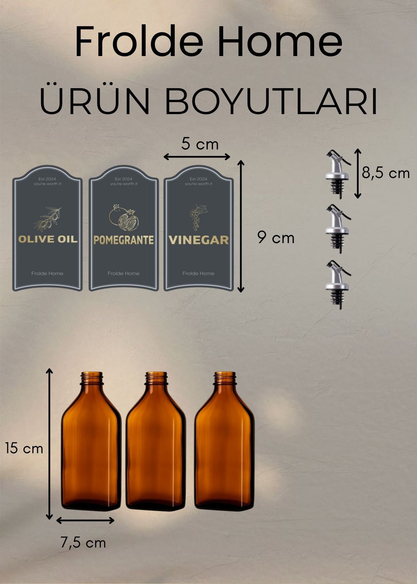3lü Amber Set Zeytinyağı Sıvıyağ Sirke Şişesi Yağdanlık Vintage Retro