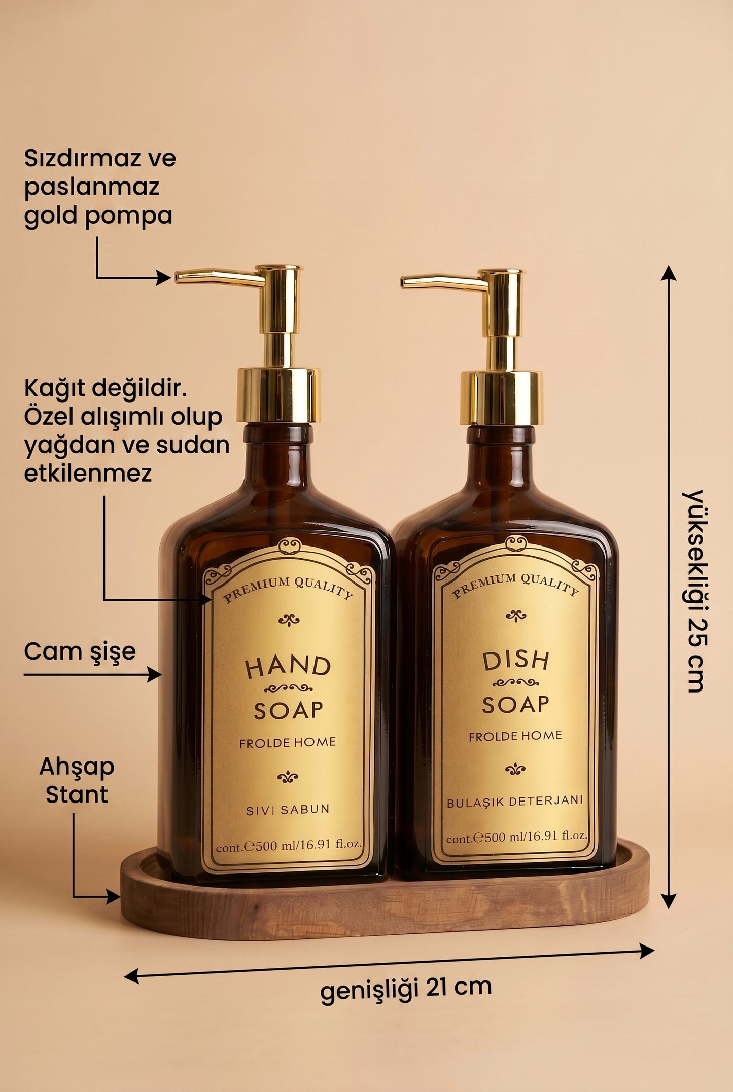 Ahşap Stantlı 2'li Gold Premium Sıvı Sabunluk Amber Cam 500 ml Vintage