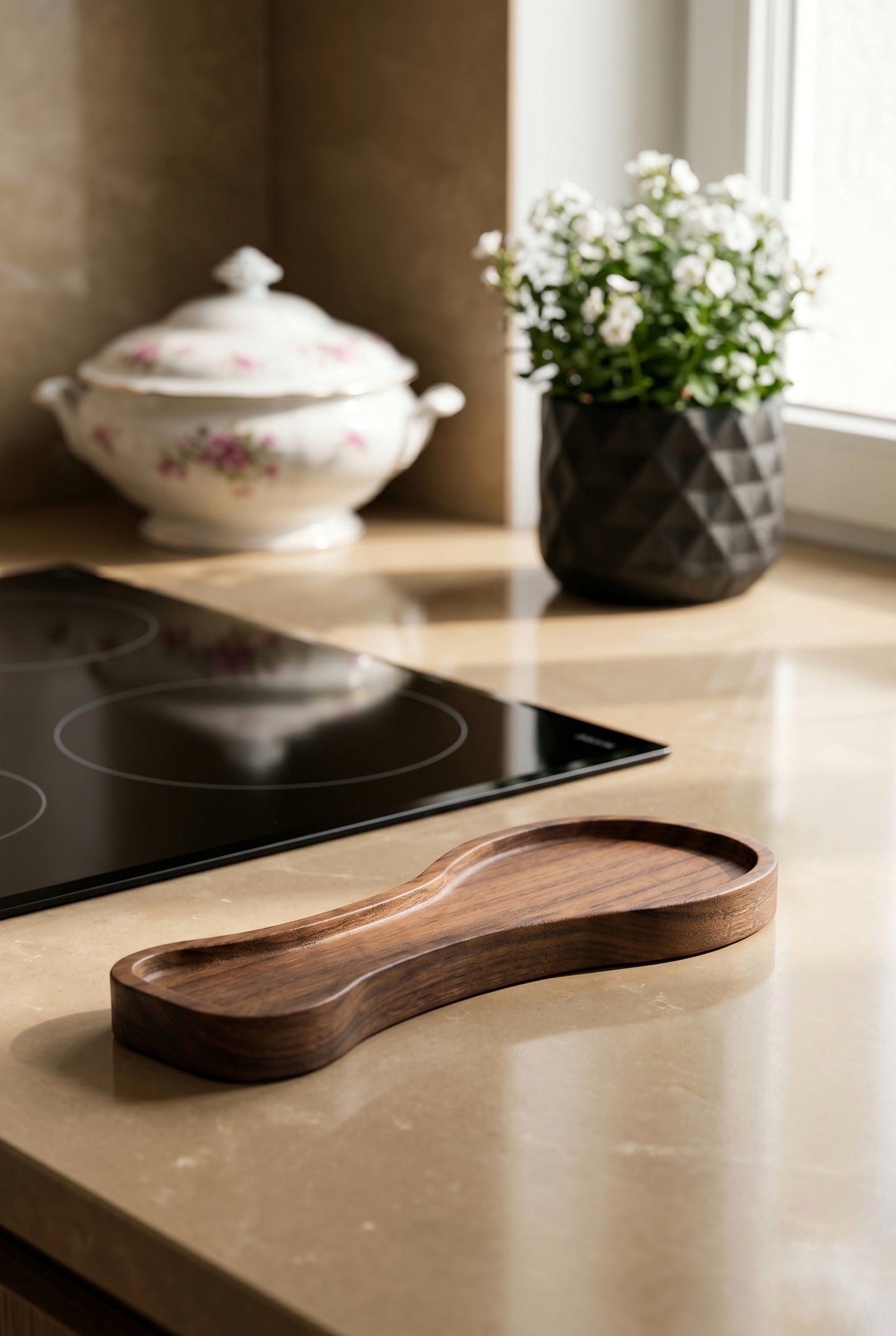 Doğal Ahşap Akasya Kaşık/Kepçe Altlığı 23×9×2 cm – Tezgâh Üstü Spoon Rest, Koyu Ahşap