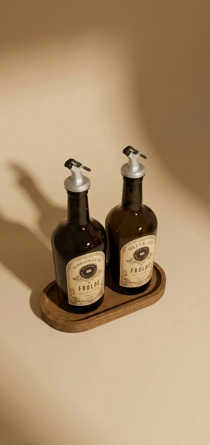 Ahşap Stantlı 2'li Amber 500 ml Cam Ayçiçek Yağı Zeytinyağı Şişesi Yağdanlık