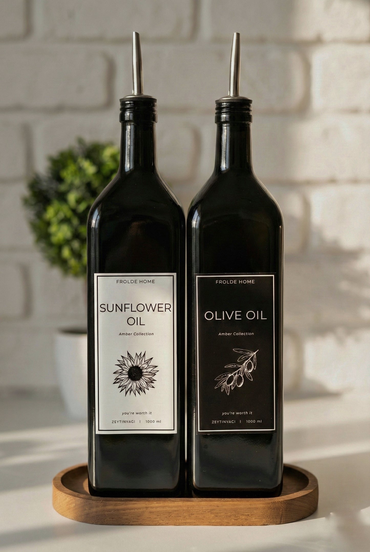 Ahşap Stantlı 2'li Vintage Amber 1000 Ml Cam Ayçiçek Yağı Zeytinyağı Şişesi Yağdanlık