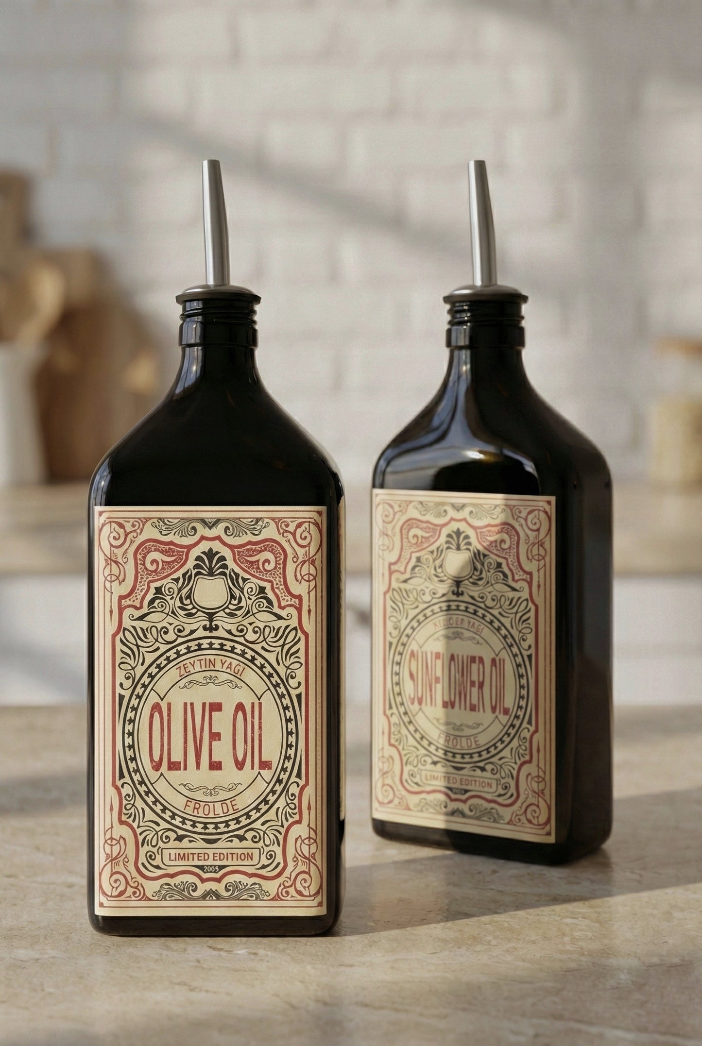 2'li Amber 500 ml Cam Yassı Ayçiçek Yağı Zeytinyağı Şişesi Yağdanlık Vintage Retro