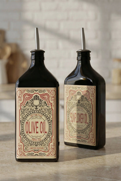 2'li Amber 500 ml Cam Yassı Ayçiçek Yağı Zeytinyağı Şişesi Yağdanlık Vintage Retro