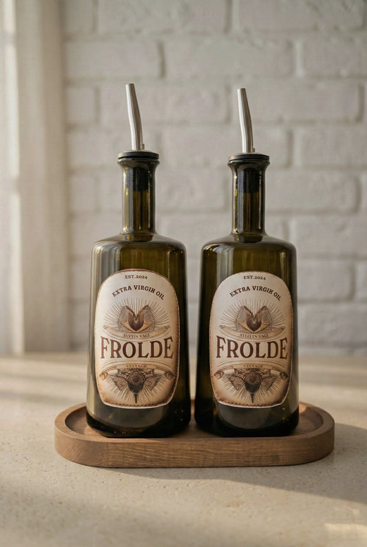 Ahşap Stantlı 2'li Amber 500 ml Cam Ayçiçek Yağı Zeytinyağı Şişesi Yağdanlık