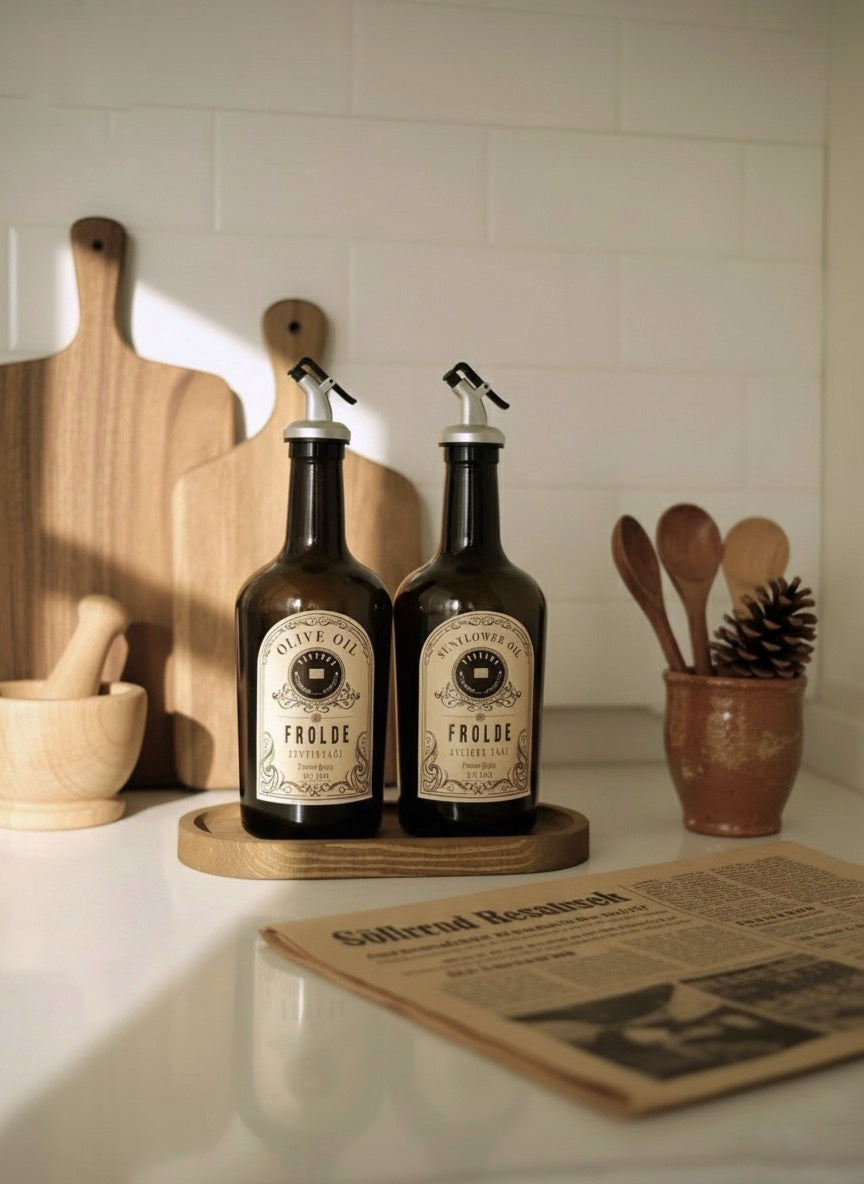 Ahşap Stantlı 2'li Amber 500 ml Cam Ayçiçek Yağı Zeytinyağı Şişesi Yağdanlık