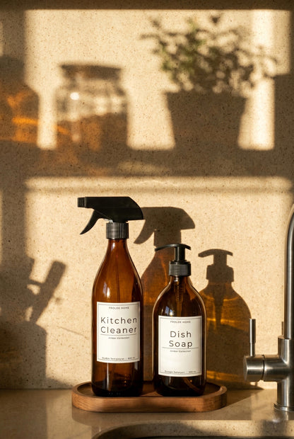 Ahşap Stantlı 2'li Amber Cam Bulaşık Deterjanı Kitchen Cleaner Sıvı Sabunluk 500ml