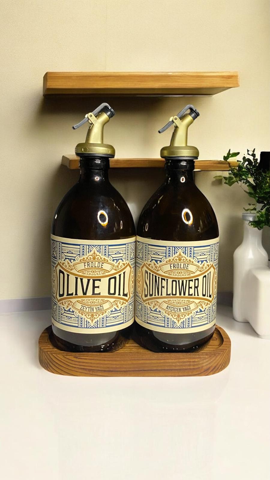 2’li Gold Altın Tıpalı Amber 500 ml Ayçiçek Yağı Zeytinyağı Şişesi Yağdanlık