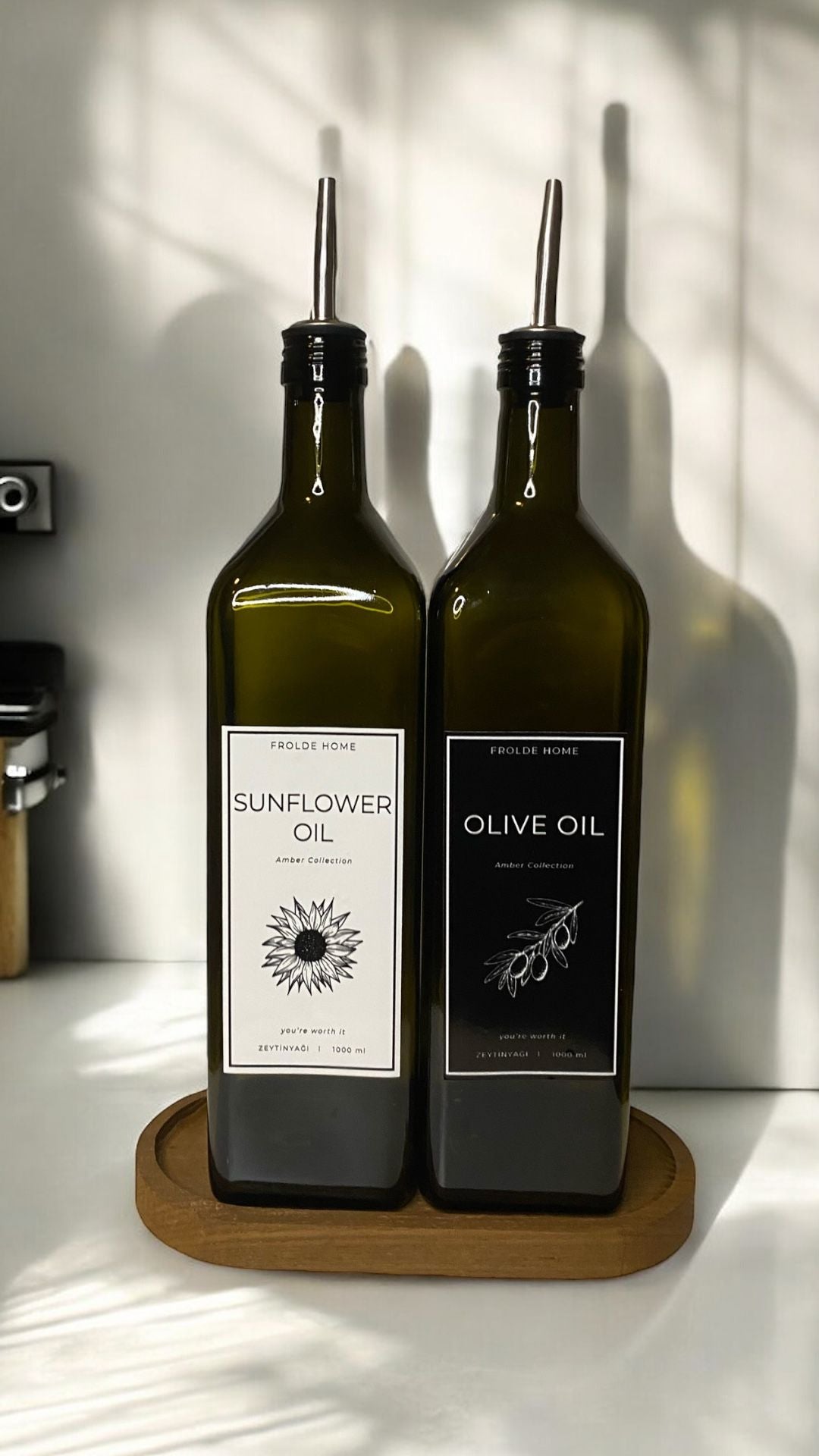 Ahşap Stantlı 2'li Vintage Amber 1000 Ml Cam Ayçiçek Yağı Zeytinyağı Şişesi Yağdanlık