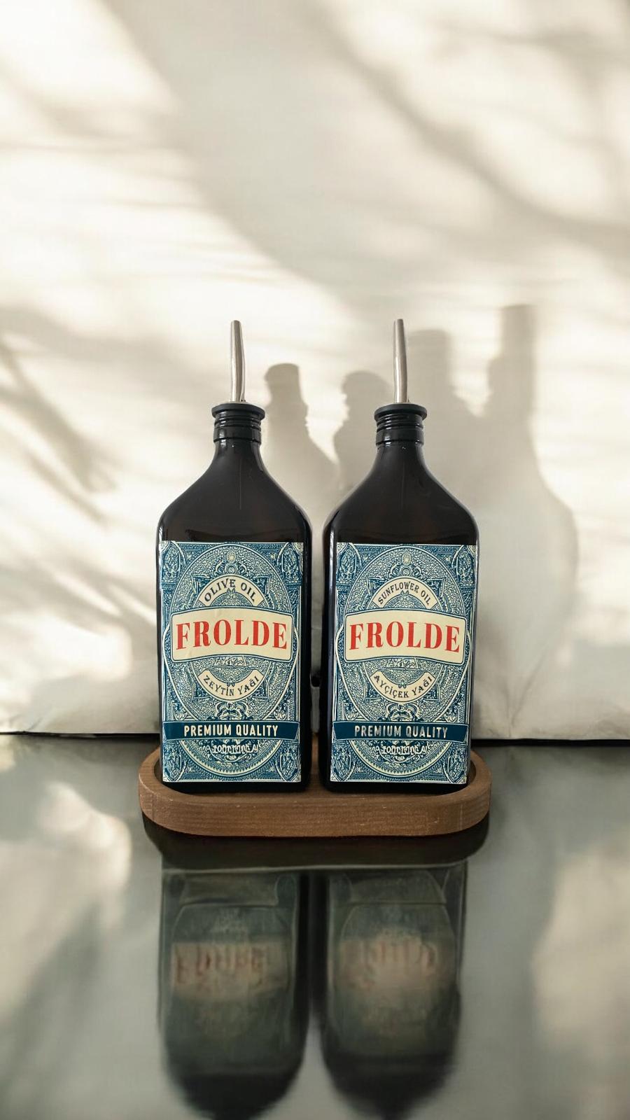 Ahşap Stantlı 2'li Amber 500 ml Yassı Cam Ayçiçek Yağı Zeytinyağı Şişesi Yağdanlık