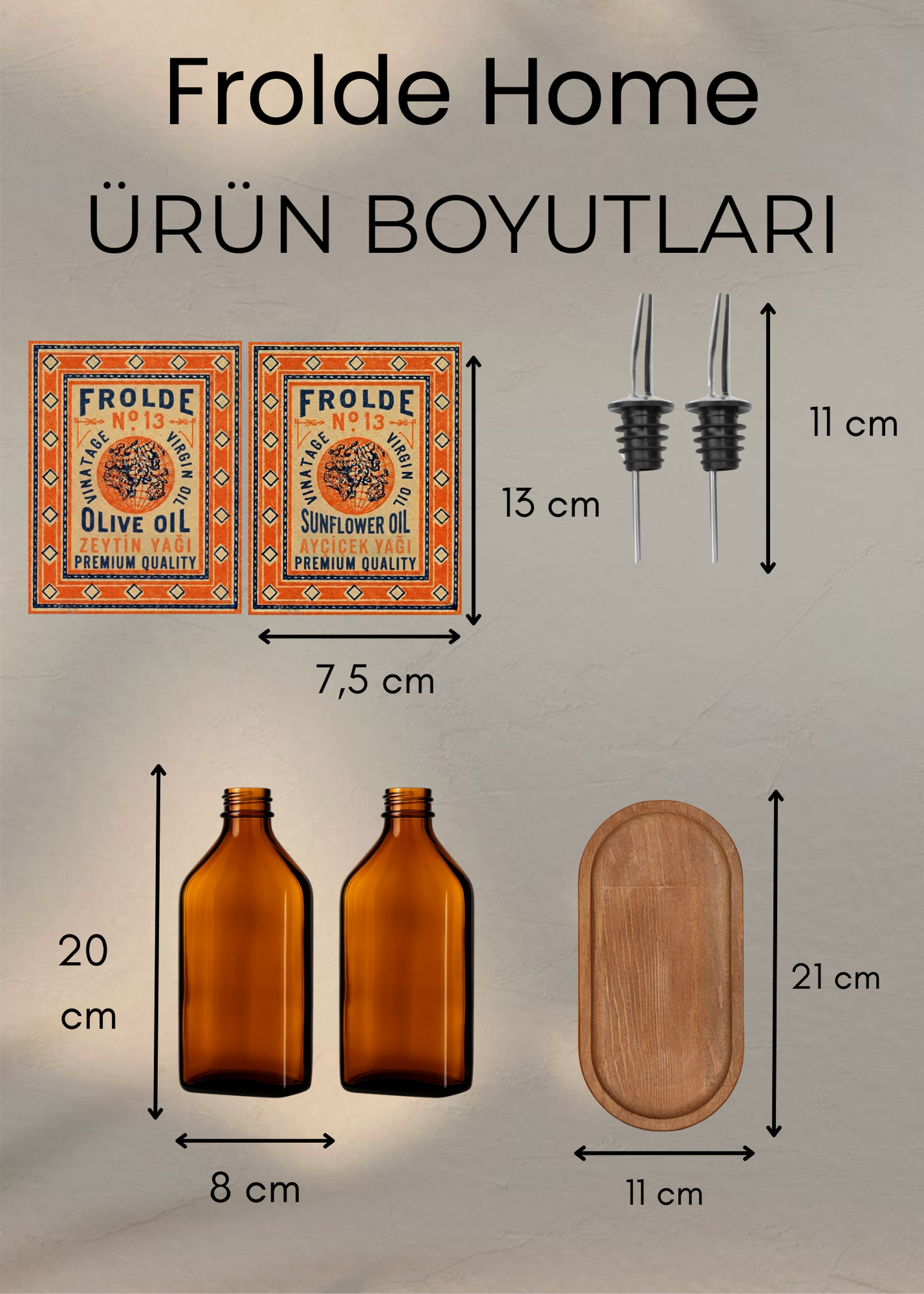Ahşap Stantlı 2'li Amber 500 ml Yassı Cam Ayçiçek Yağı Zeytinyağı Şişesi Yağdanlık