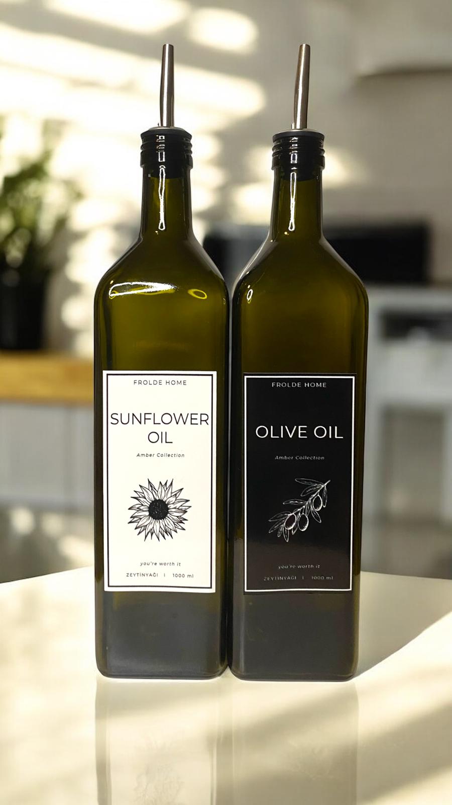 2'li Amber 1000 Ml Cam Ayçiçek Yağı Zeytinyağı Şişesi Yağdanlık Vintage