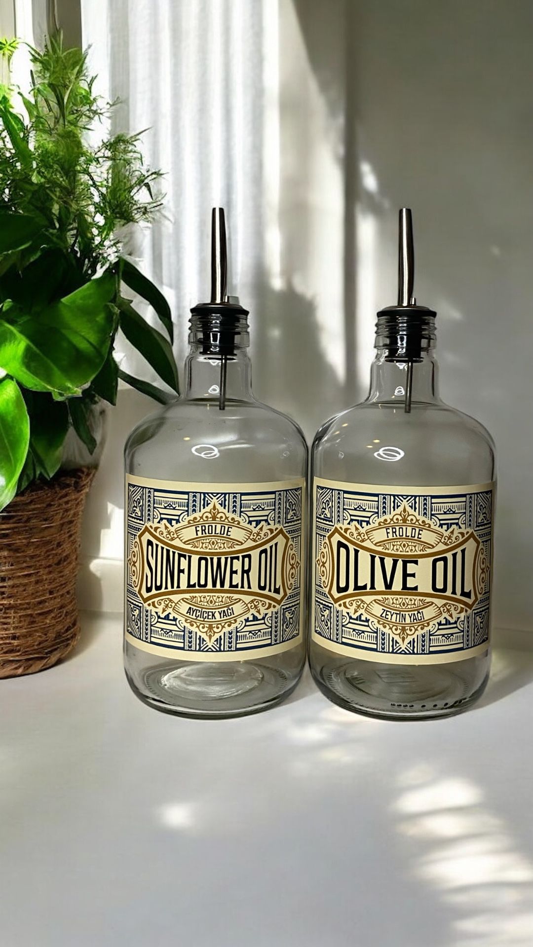 2'li Şeffaf Çelik Tıpalı 750Ml Cam Ayçiçek Yağı Zeytinyağı Şişesi Yağdanlık Vintage Retro