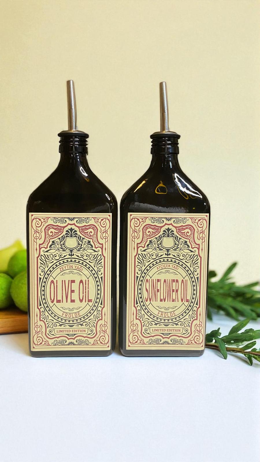 2'li Amber 500 ml Cam Yassı Ayçiçek Yağı Zeytinyağı Şişesi Yağdanlık Vintage Retro