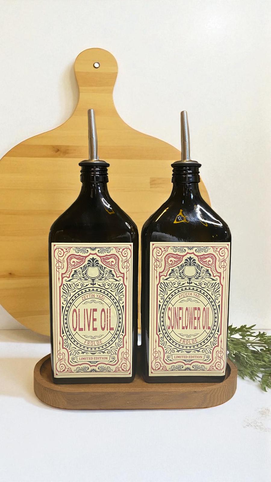 Ahşap Stantlı 2'li Amber 500 ml Yassı Cam Ayçiçek Yağı Zeytinyağı Şişesi Yağdanlık
