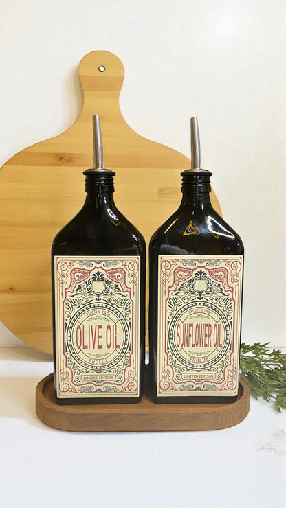 Ahşap Stantlı 2'li Amber 500 ml Yassı Cam Ayçiçek Yağı Zeytinyağı Şişesi Yağdanlık