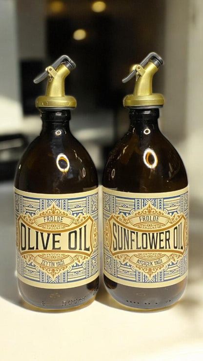 Amber 2’li 500 ml Retro Cam Ayçiçek Yağı Zeytinyağı Yağdanlık Yağlık Vintage