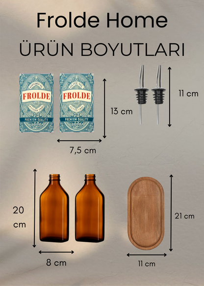 Ahşap Stantlı 2'li Amber 500 ml Yassı Cam Ayçiçek Yağı Zeytinyağı Şişesi Yağdanlık