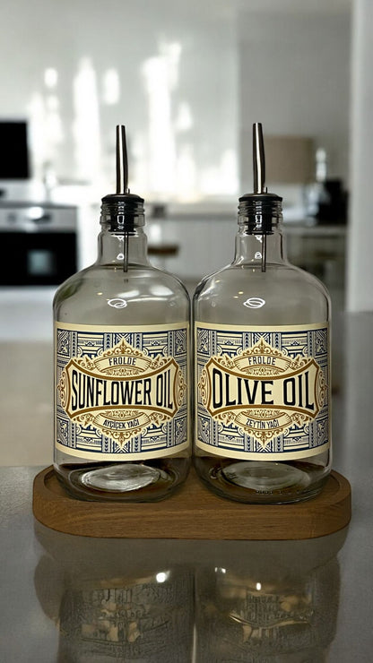Ahşap Stantlı 2'li ÇelikTıpalı 750Ml Cam Ayçiçek Yağı Zeytinyağı Şişesi Yağdanlık Vintage Retro