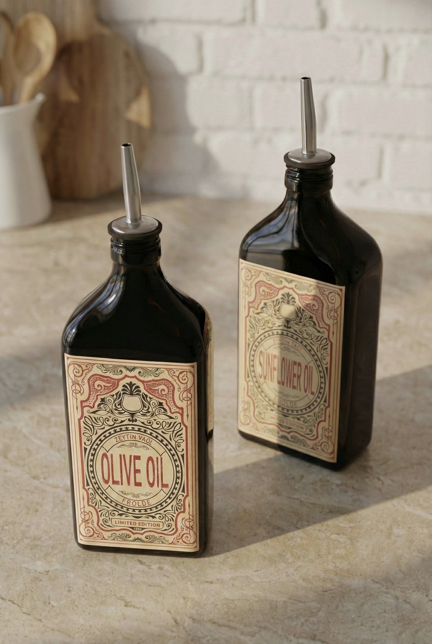 2'li Amber 500 ml Cam Yassı Ayçiçek Yağı Zeytinyağı Şişesi Yağdanlık Vintage Retro