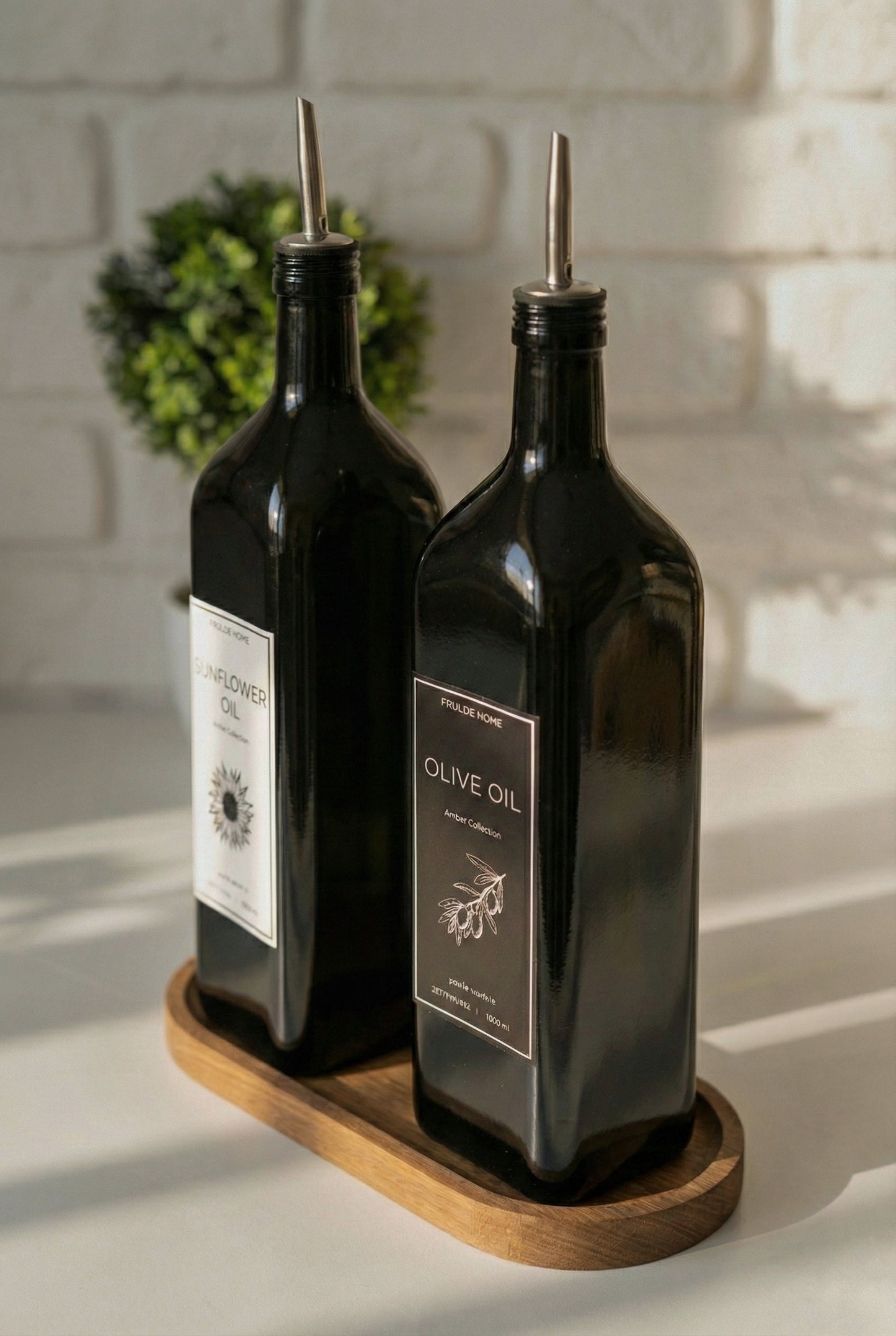 Ahşap Stantlı 2'li Vintage Amber 1000 Ml Cam Ayçiçek Yağı Zeytinyağı Şişesi Yağdanlık