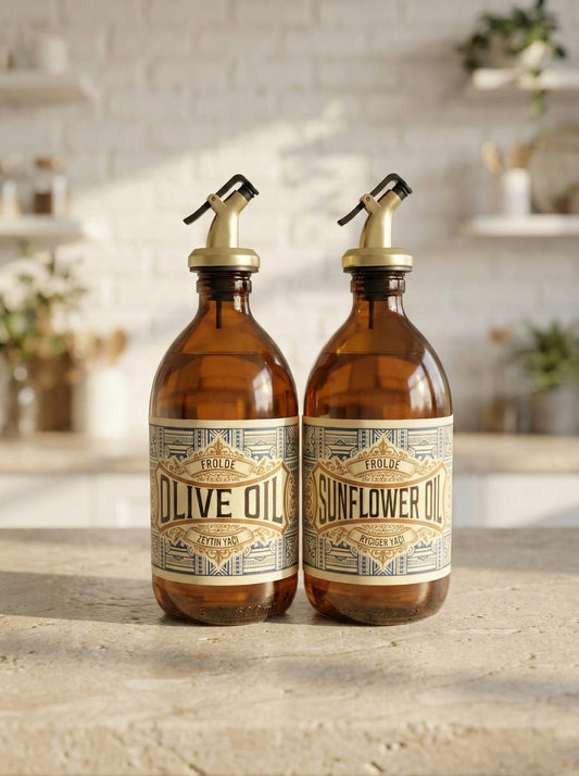 Amber 2’li 500 ml Retro Cam Ayçiçek Yağı Zeytinyağı Yağdanlık Yağlık Vintage