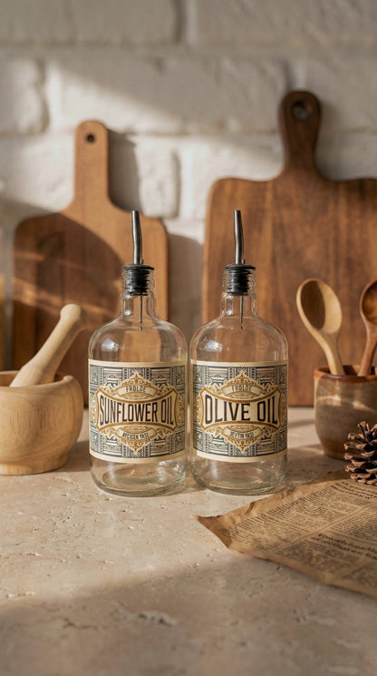 2'li Şeffaf Çelik Tıpalı 750Ml Cam Ayçiçek Yağı Zeytinyağı Şişesi Yağdanlık Vintage Retro