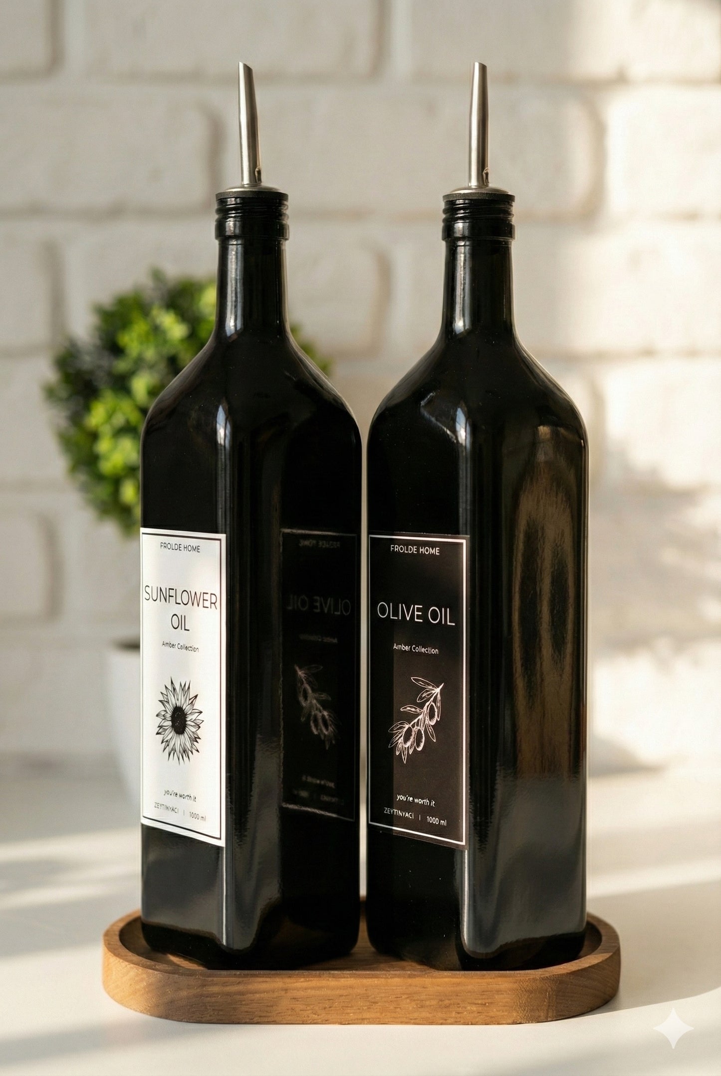 Ahşap Stantlı 2'li Vintage Amber 1000 Ml Cam Ayçiçek Yağı Zeytinyağı Şişesi Yağdanlık