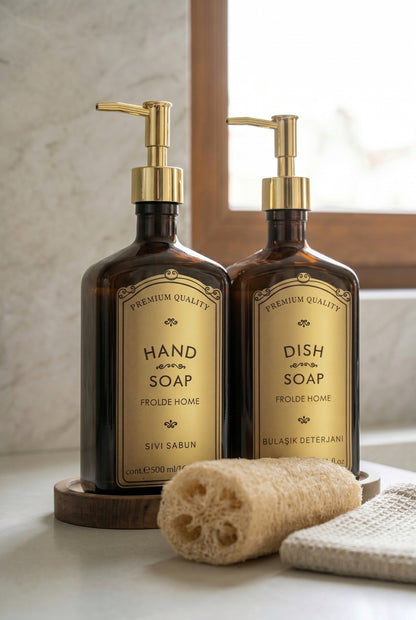 Ahşap Stantlı 2'li Gold Premium Sıvı Sabunluk Amber Cam 500 ml Vintage
