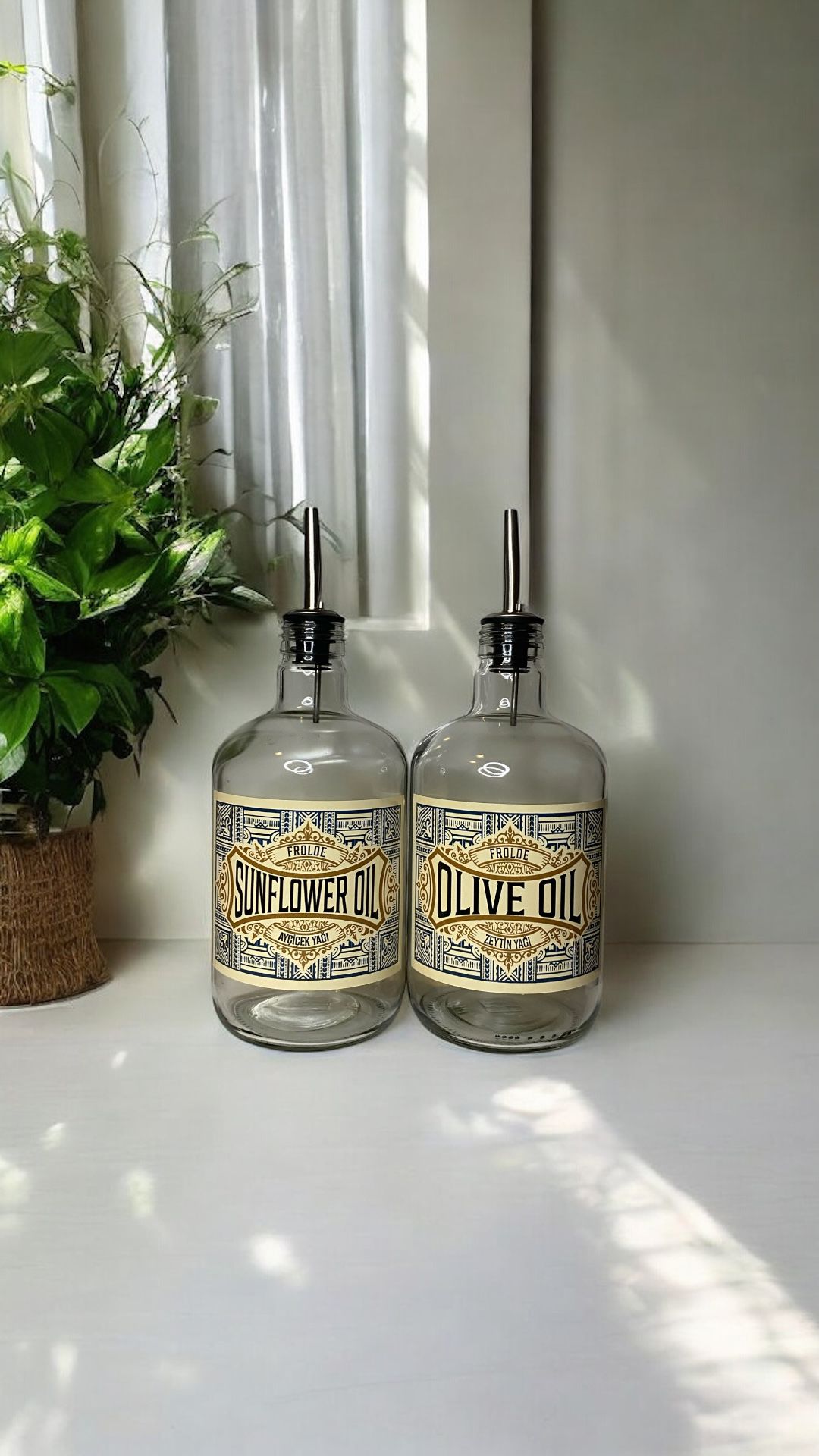 2'li Şeffaf Çelik Tıpalı 750Ml Cam Ayçiçek Yağı Zeytinyağı Şişesi Yağdanlık Vintage Retro