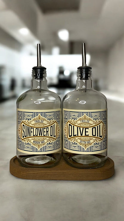 Ahşap Stantlı 2'li ÇelikTıpalı 750Ml Cam Ayçiçek Yağı Zeytinyağı Şişesi Yağdanlık Vintage Retro