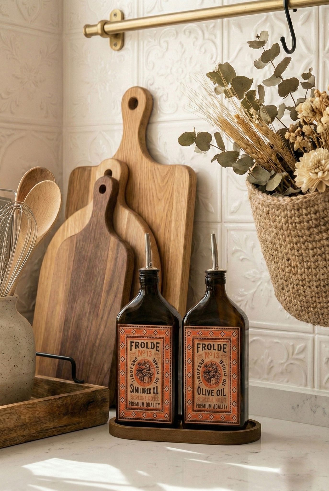 Ahşap Stantlı 2'li Amber 500 ml Yassı Cam Ayçiçek Yağı Zeytinyağı Şişesi Yağdanlık