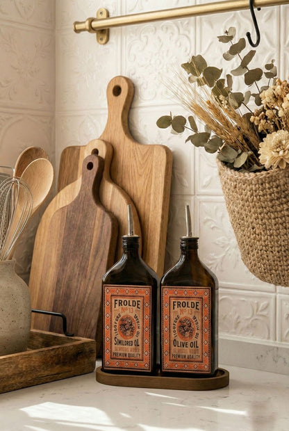 Ahşap Stantlı 2'li Amber 500 ml Yassı Cam Ayçiçek Yağı Zeytinyağı Şişesi Yağdanlık