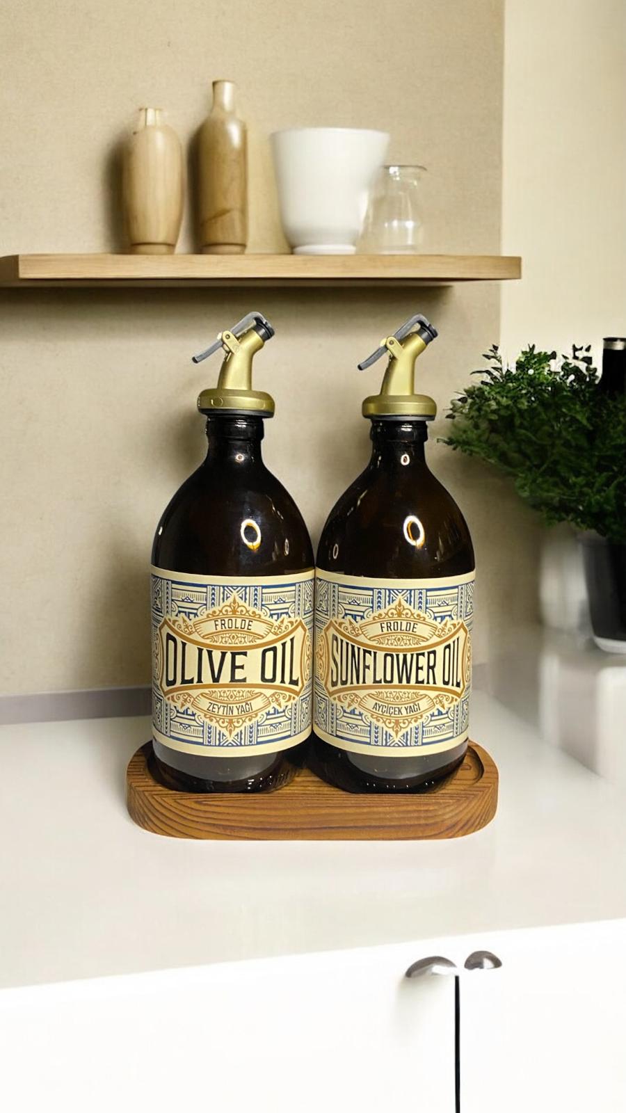 2’li Gold Altın Tıpalı Amber 500 ml Ayçiçek Yağı Zeytinyağı Şişesi Yağdanlık