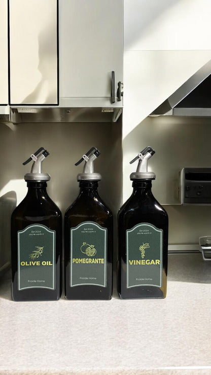 3lü Amber Set Zeytinyağı Sıvıyağ Sirke Şişesi Yağdanlık Vintage Retro