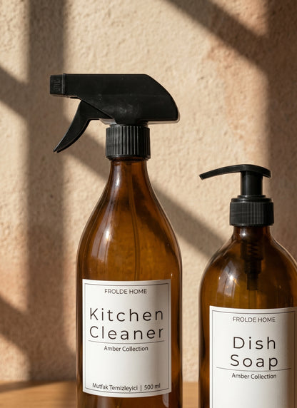Ahşap Stantlı 2'li Amber Cam Bulaşık Deterjanı Kitchen Cleaner Sıvı Sabunluk 500ml