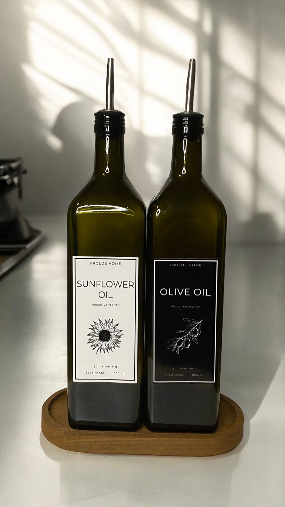 Ahşap Stantlı 2'li Vintage Amber 1000 Ml Cam Ayçiçek Yağı Zeytinyağı Şişesi Yağdanlık