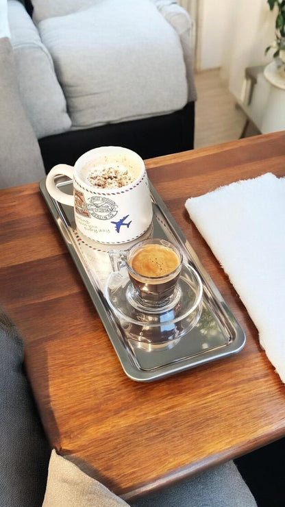 2li Çelik Lüks Servis Sunum Tepsisi Kahve Tepsisi Gümüş 33x13
