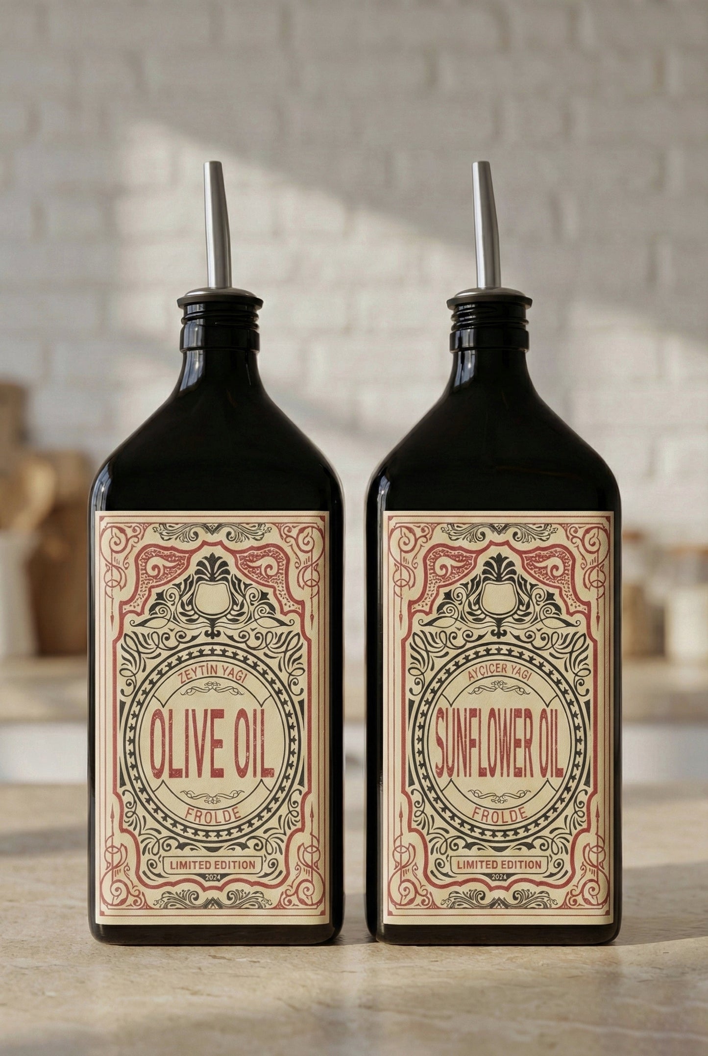 2'li Amber 500 ml Cam Yassı Ayçiçek Yağı Zeytinyağı Şişesi Yağdanlık Vintage Retro