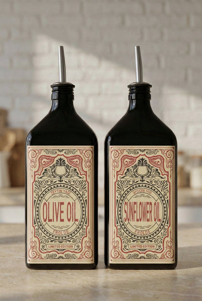 2'li Amber 500 ml Cam Yassı Ayçiçek Yağı Zeytinyağı Şişesi Yağdanlık Vintage Retro