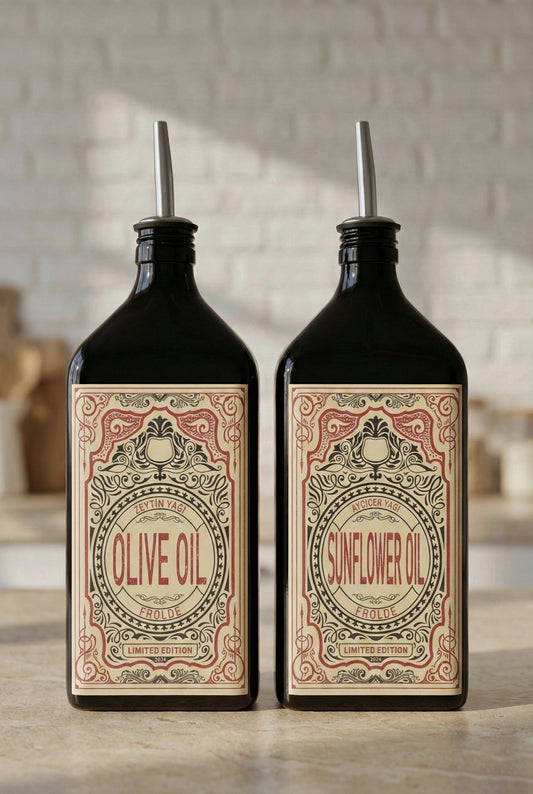 2'li Amber 500 ml Cam Yassı Ayçiçek Yağı Zeytinyağı Şişesi Yağdanlık Vintage Retro