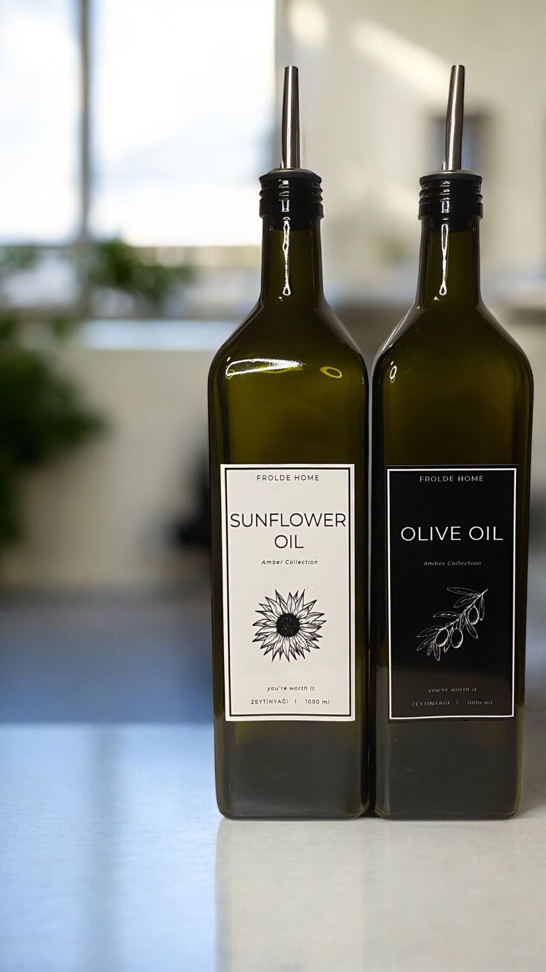 2'li Amber 1000 Ml Cam Ayçiçek Yağı Zeytinyağı Şişesi Yağdanlık Vintage