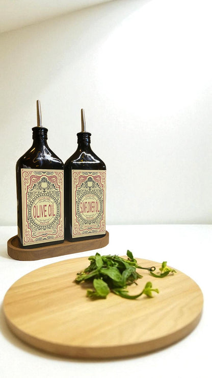 Ahşap Stantlı 2'li Amber 500 ml Yassı Cam Ayçiçek Yağı Zeytinyağı Şişesi Yağdanlık