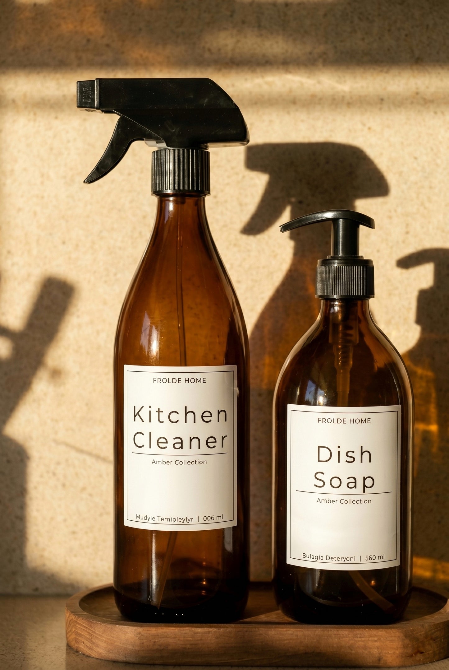 Ahşap Stantlı 2'li Amber Cam Bulaşık Deterjanı Kitchen Cleaner Sıvı Sabunluk 500ml