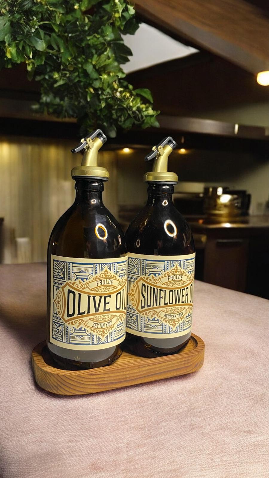 2’li Gold Altın Tıpalı Amber 500 ml Ayçiçek Yağı Zeytinyağı Şişesi Yağdanlık