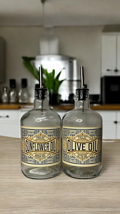 2'li Şeffaf Çelik Tıpalı 750Ml Cam Ayçiçek Yağı Zeytinyağı Şişesi Yağdanlık Vintage Retro