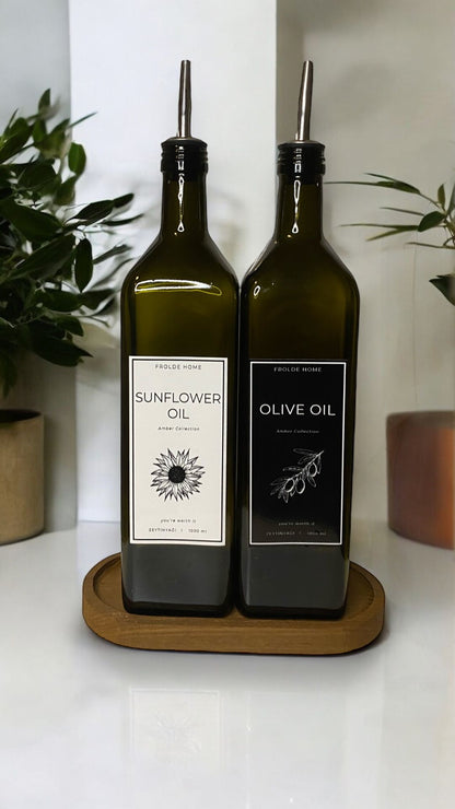 Ahşap Stantlı 2'li Vintage Amber 1000 Ml Cam Ayçiçek Yağı Zeytinyağı Şişesi Yağdanlık