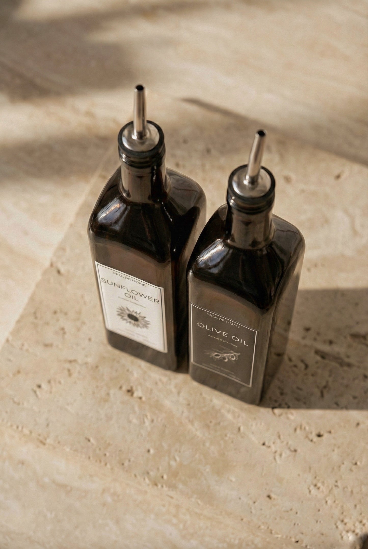 Ahşap Stantlı 2'li Vintage Amber 1000 Ml Cam Ayçiçek Yağı Zeytinyağı Şişesi Yağdanlık