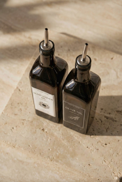 Ahşap Stantlı 2'li Vintage Amber 1000 Ml Cam Ayçiçek Yağı Zeytinyağı Şişesi Yağdanlık